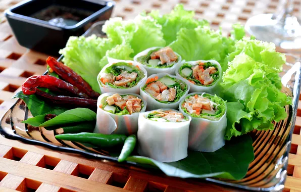 Picture leaves, red, green, food, pepper, salad, rolls