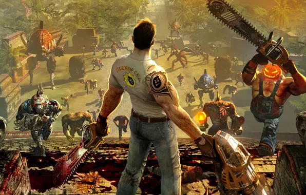 Picture the game, the main character, Sam, enemies, serious Sam 3, serious sam 3