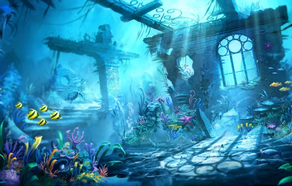 Picture fish, turtle, ruins, underwater world, under water, Trine 2
