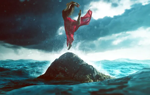 Sea, wave, the sky, girl, squirt, clouds, pose, stones