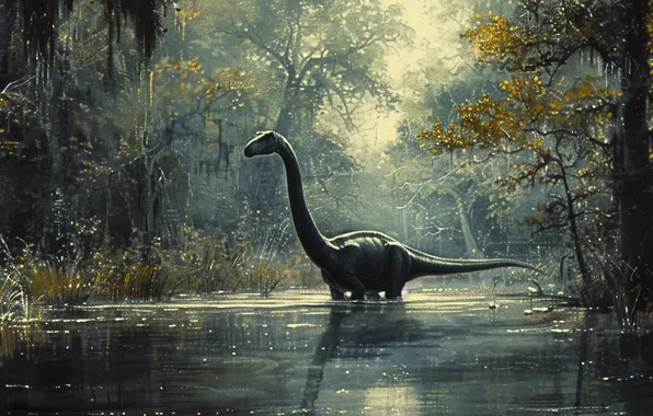Water, Lake, Trees, Dinosaur, Neck, Animal, Digital art, Ancient animals
