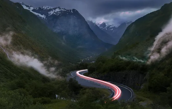 Road, light, mountains, excerpt