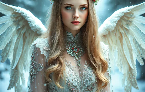 Winter, forest, girl, snow, wings, angel, Christmas, blonde