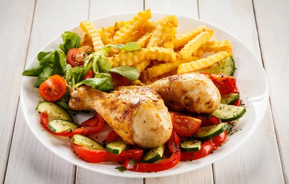 Greens, chicken, plate, pepper, legs, vegetables, tomatoes, salad