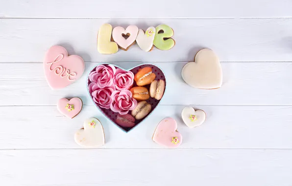 Box, cookies, hearts, macaron, Myfoodie