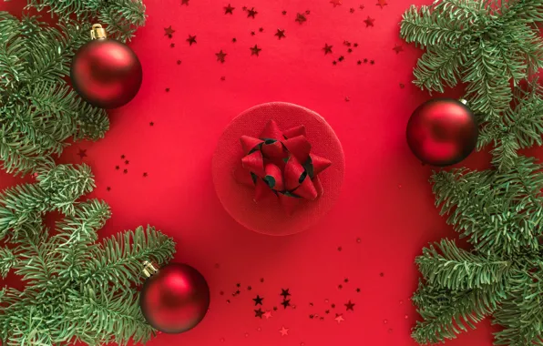 Winter, balls, branches, holiday, balls, round, Christmas, red