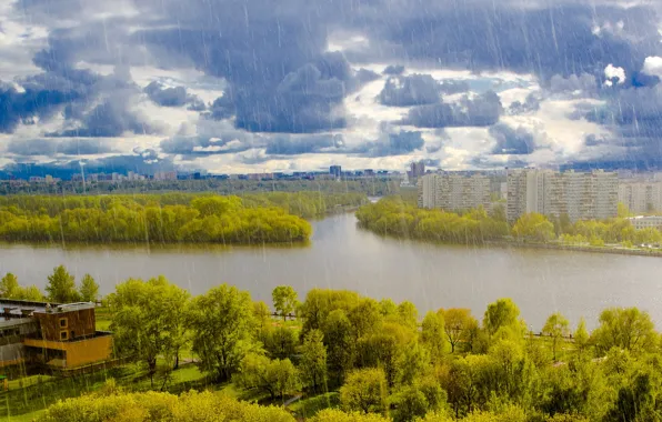 The sky, trees, clouds, river, rain, home, Moscow, Russia
