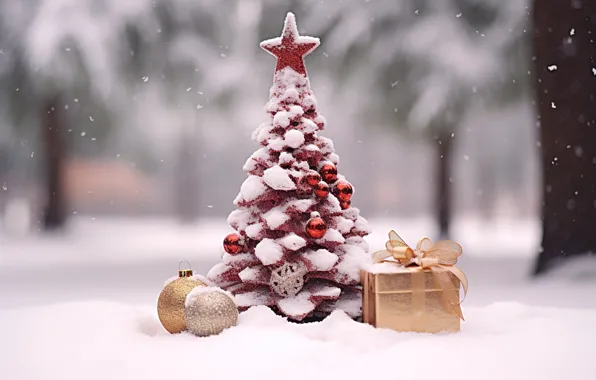 Picture winter, snow, decoration, balls, tree, New Year, Christmas, gifts