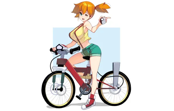 Picture girl, shorts, bike, anime, redhead, pokemon