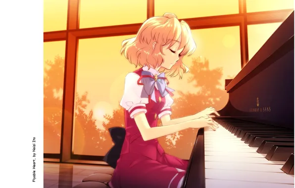 Picture the game, window, girl, piano, bow, school uniform, art, closed eyes