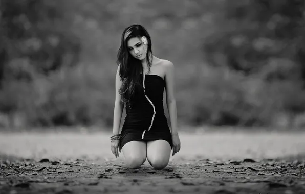 Picture sadness, girl, dress, black and white, sitting, black and white, on earth