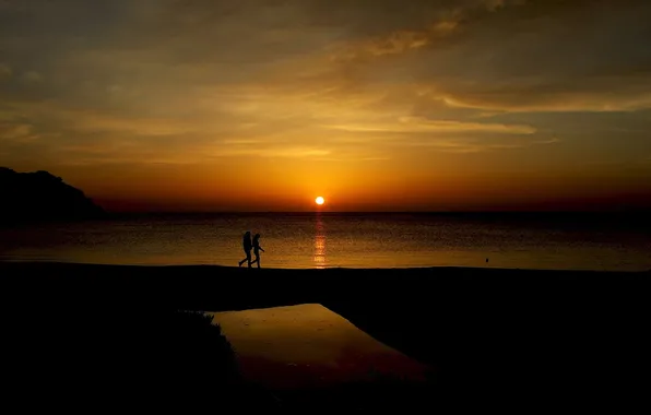 Sea, the sky, people, Sunset, horizon, figure