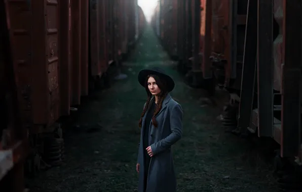 Girl, model, portrait, hat, cars, braids, coat, beauty
