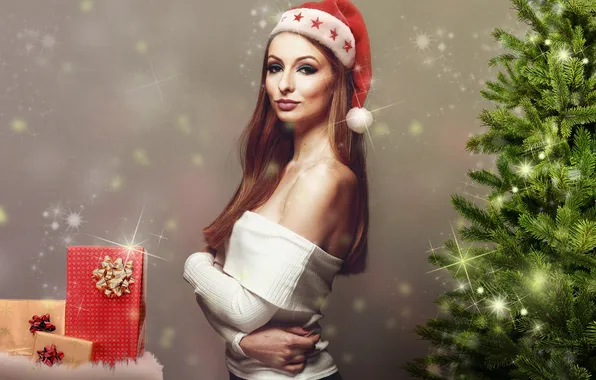 Look, girl, pose, hat, new year, portrait, gifts, maiden