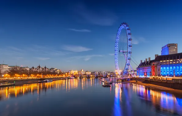 Picture the sky, clouds, lights, river, London eye, London, England