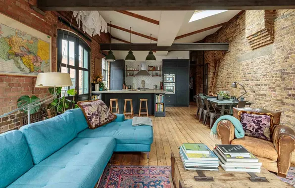 Design, interior, kitchen, living room, dining room, loft, industrial style