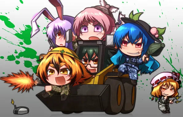 Girl, gun, pistol, game, soldiers, weapon, anime, chibi