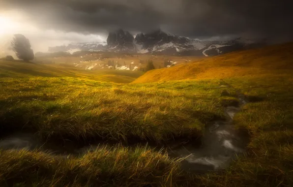Picture mountains, clouds, stream, Alps, haze