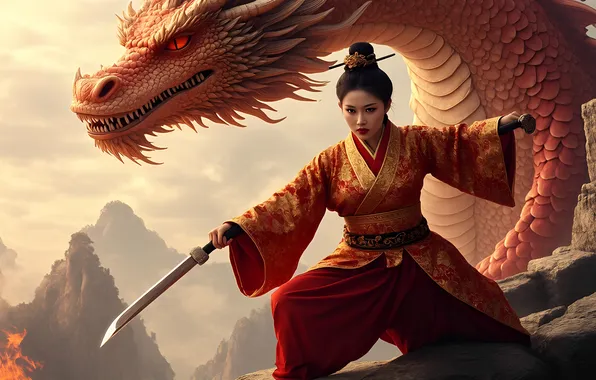 Girl, sword, Chinese, Asian, red dress, The dragon is red