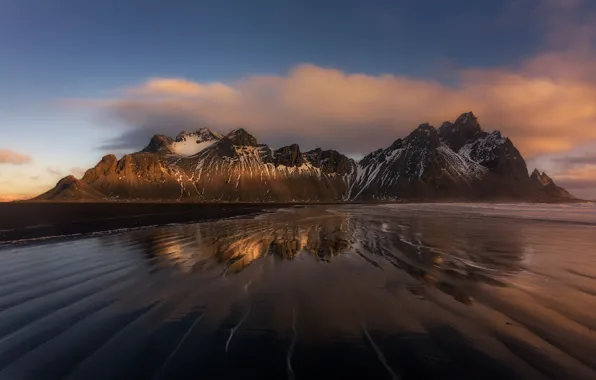 Iceland, Cape, Stokksnes, black sand, Have stoknes