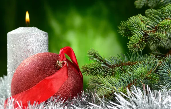 Balls, tree, candle, New Year, Christmas, tinsel, Christmas, New Year