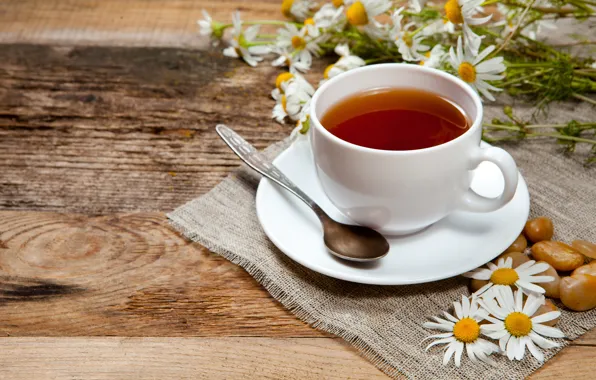 Tea, chamomile, mug, drink, spoon, saucer