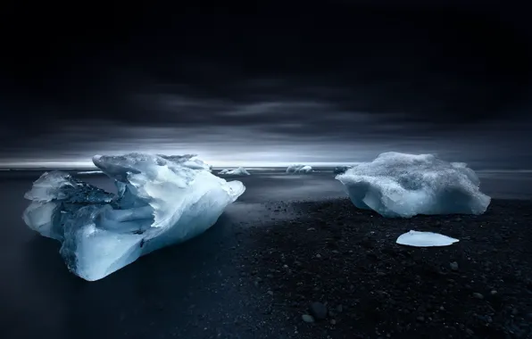 Ice, sea, shore, ice, floe, twilight, beach, Iceland