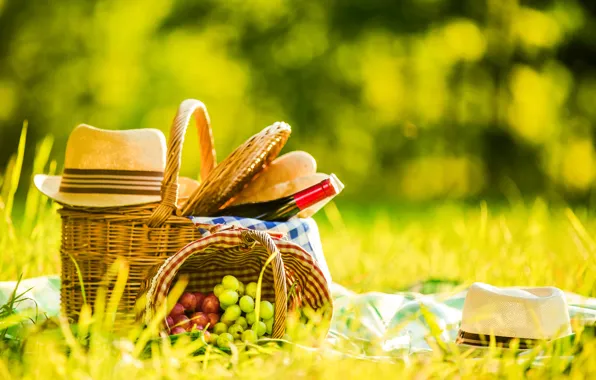 Greens, grass, wine, basket, glade, bottle, hat, bread