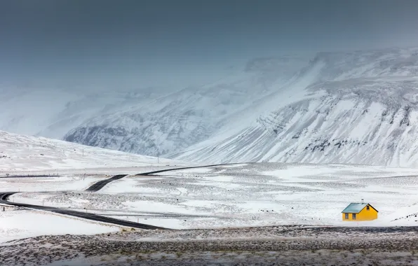 Road, field, snow, mountains, home