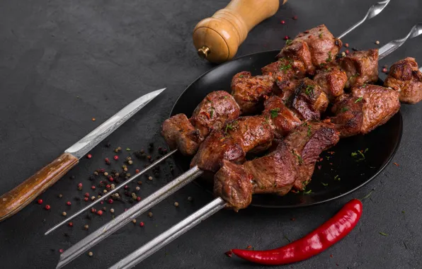 Meat, pepper, kebab, spices