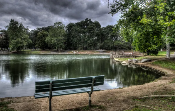 Trees, bench, clouds, pond, Park, stones, overcast, CA