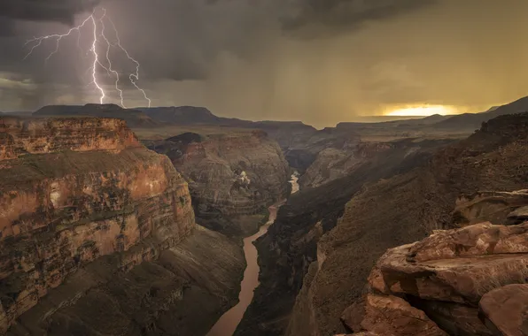 The storm, mountains, clouds, river, element, lightning, canyon