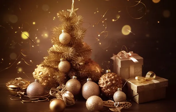 Decoration, balls, tree, colorful, New Year, Christmas, gifts, golden