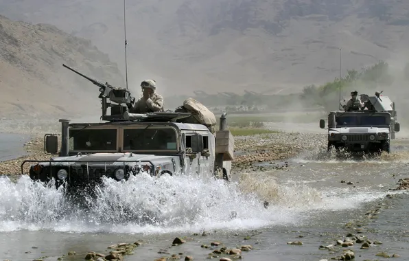 Mountains, river, stones, Hammer, soldiers, USA, cars, army