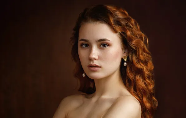 Girl, lips, look, curly, dark background, red haired, bare shoulder, Nadezda Tretyakova