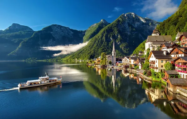 Clouds, mountains, the city, lake, reflection, ship, home, Austria