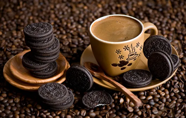 Picture coffee, grain, cookies, spoon, Cup, dessert, saucer, chocolate