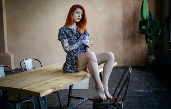 Picture girl, pose, hands, dress, tattoo, red, legs, redhead