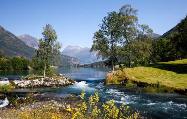 Trees, mountains, lake, Norway, Norway, Stryn, Nordfjord, Stryn