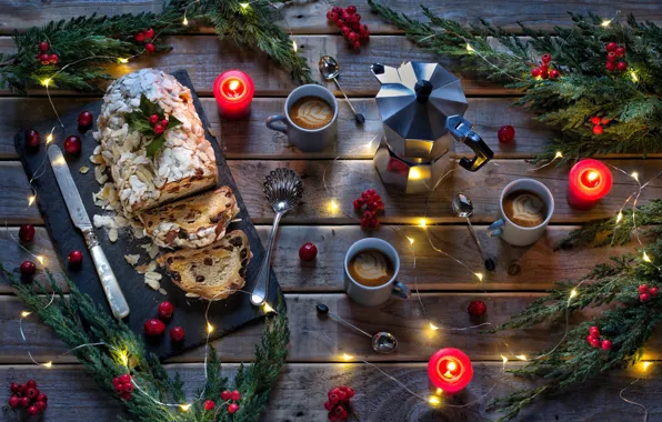 Branches, berries, coffee, candles, Christmas, New year, garland, Stollen