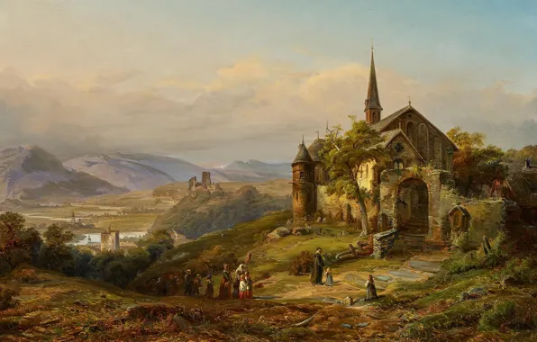 German painter, German painter, oil on canvas, Peter Joseph Minjon, Romantic Rhine Landscape, Romantic Rhine …
