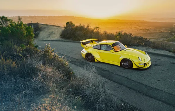 Porsche, Yellow, 964, Turbo, Road, RWB