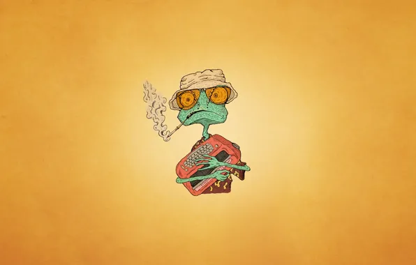Picture chameleon, hat, smoke, glasses, cigarette, typewriter, orange background, johnny Depp