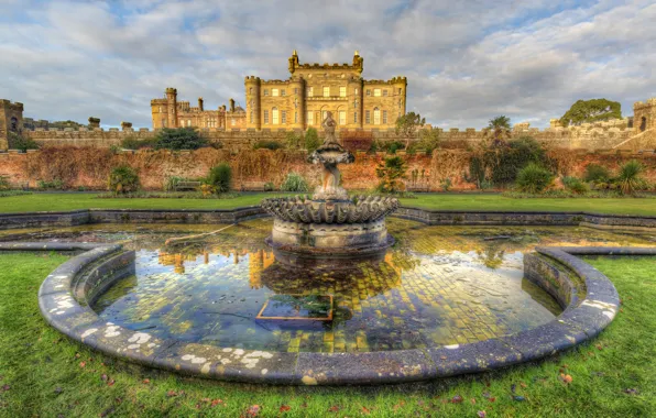Design, castle, lawn, wall, Scotland, fountain, benches, Culzean Castle