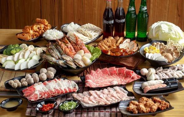 Mushrooms, meat, bottle, drinks, cutting, meals, serving, Asian cuisine