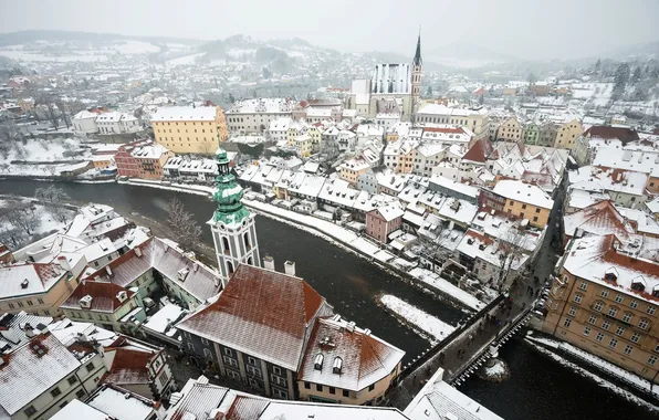 Winter, snow, bridge, the city, river, building, home, roof