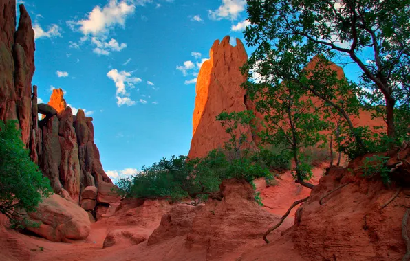 The sky, clouds, trees, sunset, mountains, rocks, paint