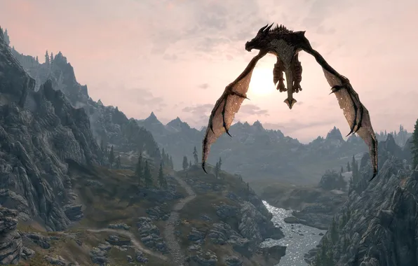 Picture flight, dragon, the game, The Elder Scrolls V Skyrim