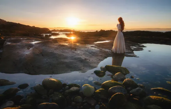 The sky, girl, the sun, clouds, sunset, nature, pose, stones
