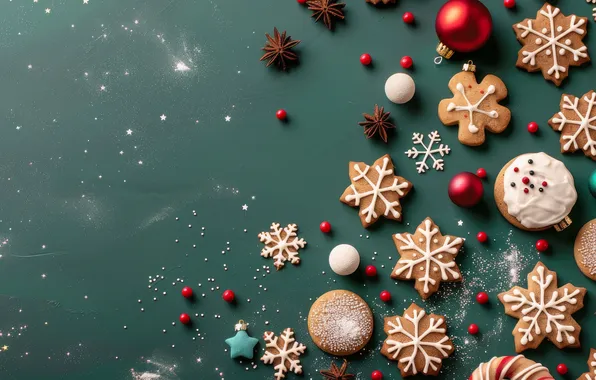 Balls, snowflakes, texture, cookies, Christmas, New year, green background, Christmas decorations